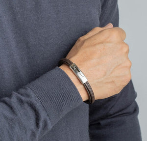 Lotus Style Man's Brown Leather Band and Stainless Steel Magnetic Clasp Bracelet