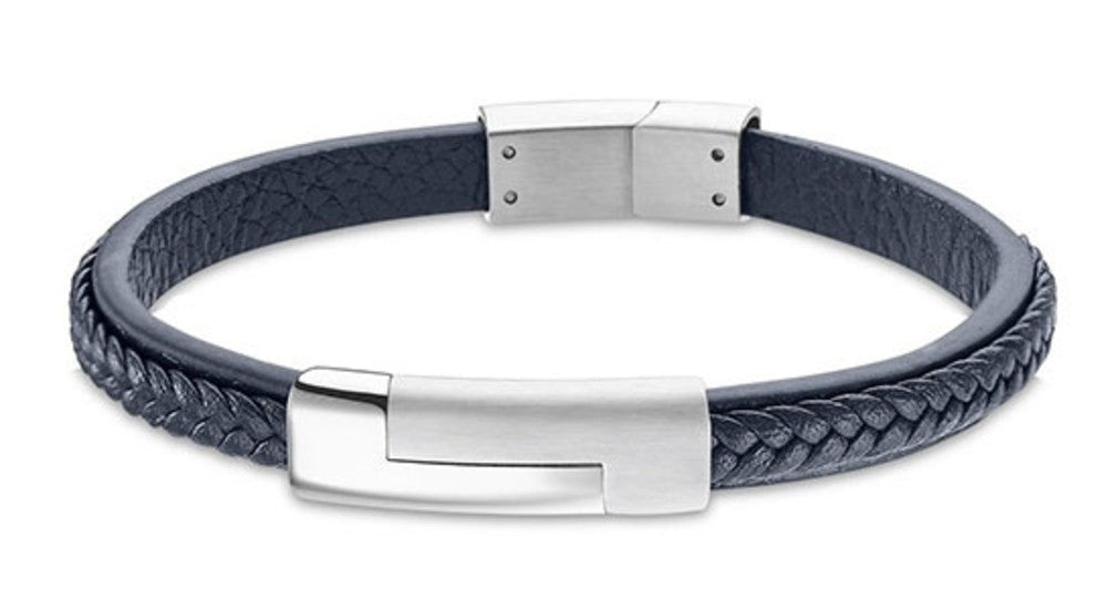 Lotus Style Man's Navy Leather Band and Stainless Steel Magnetic Clasp Bracelet
