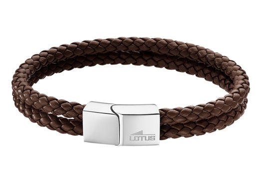 Lotus Style Man's Brown Leather 2 Band and Stainless Steel Magnetic Clasp Bracelet