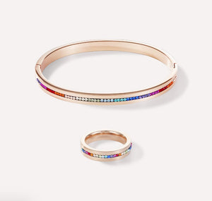Bangle stainless steel rose gold & crystals pavé strip multicolour