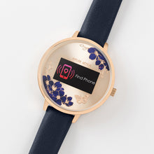 Load image into Gallery viewer, Series 03 collection has a unique dial with jewel-like sapphire blue flowers and a sparking metallic butterfly
