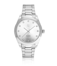 Load image into Gallery viewer, WATCH JOELLE - STAINLESS STEEL WITH SILVER SUNRAY DIAL AND WHITE ZIRCONIA.
