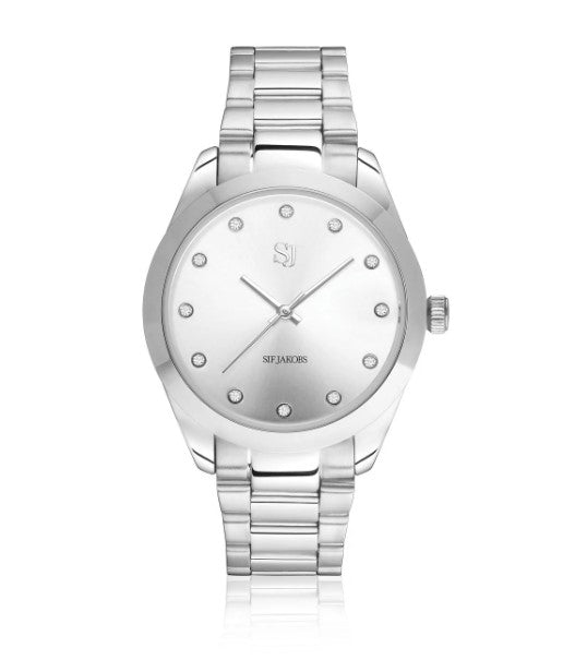 WATCH JOELLE - STAINLESS STEEL WITH SILVER SUNRAY DIAL AND WHITE ZIRCONIA.