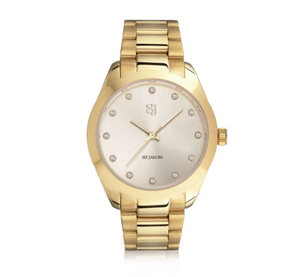 WATCH JOELLE - GOLD PLATED STAINLESS STEEL WITH GOLD SUNRAY DIAL AND WHITE ZIRCONIA.