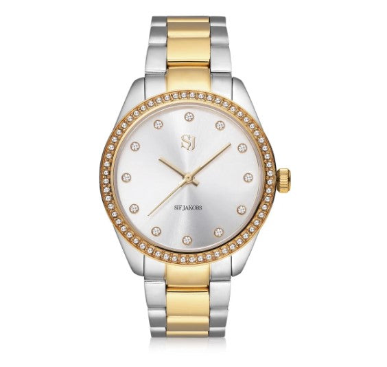 WATCH VALERIA - GOLD PLATED STAINLESS STEEL WITH SILVER SUNRAY DIAL AND WHITE ZIRCONIA