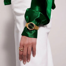 Load image into Gallery viewer, WATCH VALERIA - GOLD PLATED STAINLESS STEEL WITH GREEN SUNRAY DIAL AND WHITE ZIRCONIA.

