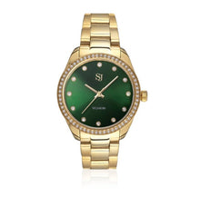 Load image into Gallery viewer, WATCH VALERIA - GOLD PLATED STAINLESS STEEL WITH GREEN SUNRAY DIAL AND WHITE ZIRCONIA.
