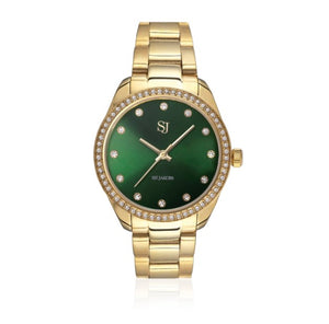 WATCH VALERIA - GOLD PLATED STAINLESS STEEL WITH GREEN SUNRAY DIAL AND WHITE ZIRCONIA.