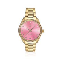 Load image into Gallery viewer, WATCH VALERIA - GOLD PLATED STAINLESS STEEL WITH PINK SUNRAY DIAL AND WHITE ZIRCONIA
