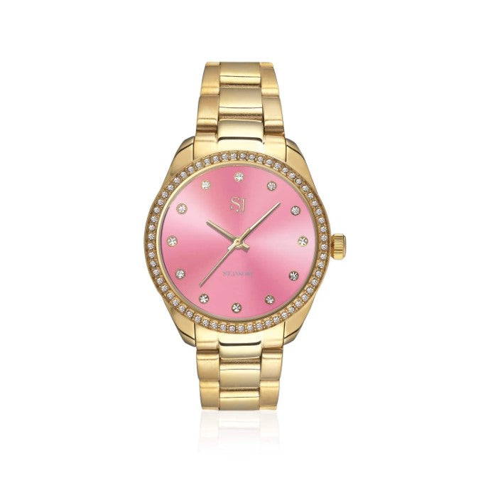 WATCH VALERIA - GOLD PLATED STAINLESS STEEL WITH PINK SUNRAY DIAL AND WHITE ZIRCONIA