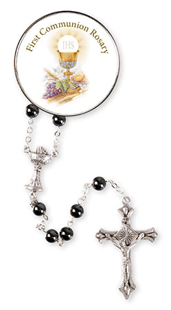 Communion Glass Imitation Hematite Rosary Beads